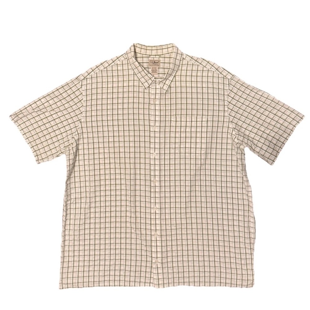 L.L. Bean Men's Size 2XLT XXL Tall Green-White Check Short Sleeve Button Down
